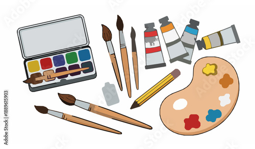 Cartoon painting tools and art supplies hand drawn flat vector set

