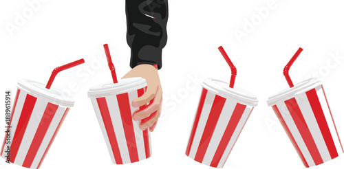 Realistic illustration of striped soda cups with red straws held in hand, takeaway soft drink concept for cinema, fast food and refreshment design use