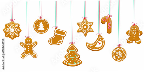 Colorful hanging gingerbread cookies and festive ornaments for a cheerful holiday season