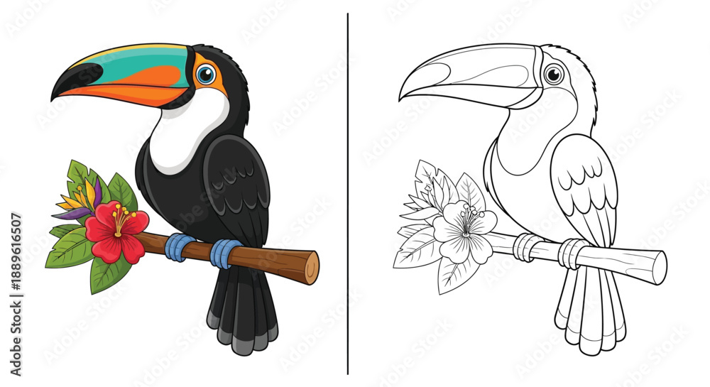 Obraz premium Tropical Toucan Coloring Page With Vibrant Exotic Flowers and Detailed Jungle Leaves