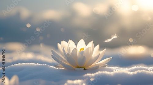 white lotus on snow with bokeh