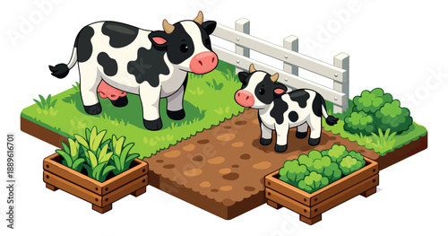 Isometric cartoon illustration of a mother cow and calf depicting a farm scene for agricultural design