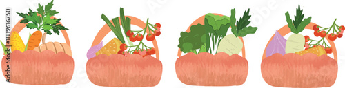 Vibrant collection of garden-fresh vegetables and wholesome produce overflowing from rustic woven baskets, illustrating healthy eating, sustainable living, and natural food choices