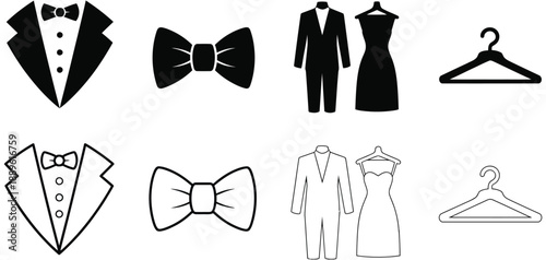 Event dress code thin line icon set with clothes, shirt, suit, tie, and hanger elements designed for fashion branding, weddings, ceremonies, celebrations, festivals, and modern vector illustration 