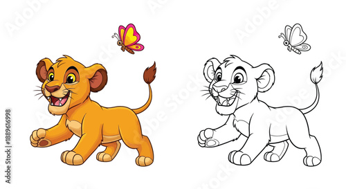 Cute Cartoon Lion Cub With Butterfly Illustration and Matching Line Art Coloring Page