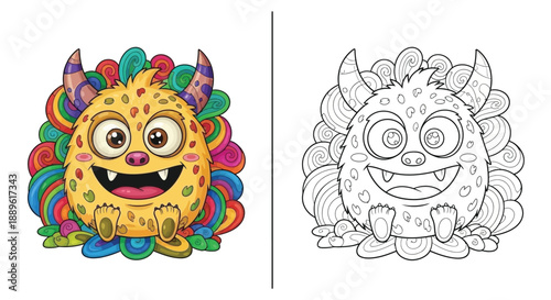 Cute Colorful Monster Coloring Page for Kids With a Vibrant Colored Reference Example