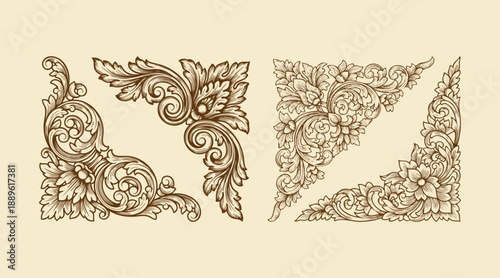 floral carving illustration corner frame design template