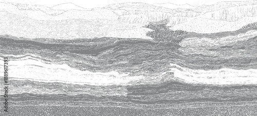 Detailed cross section of layered geological strata showing rock formations and sedimentary deposits