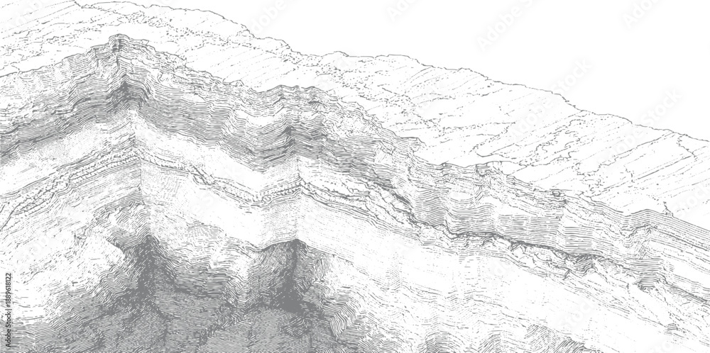Fototapeta premium Detailed grayscale topographic map depicting layered geological strata and rugged terrain white monochrome