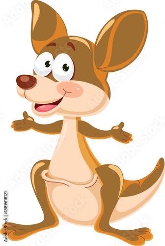 A cute brown baby kangaroo character with a happy smile stands as a funny vector illustration of an isolated Australian wildlife animal