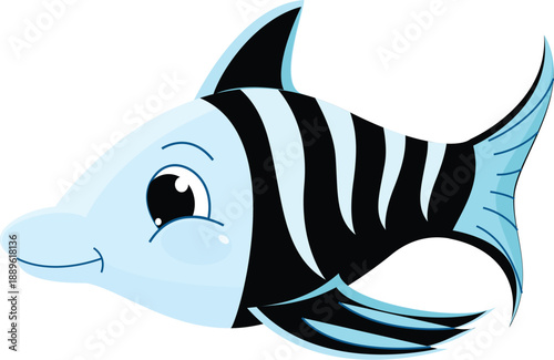 Cartoon vector illustration of a cute blue shark and marine animals swimming in the ocean water as a nature icon symbol of aquatic sea life