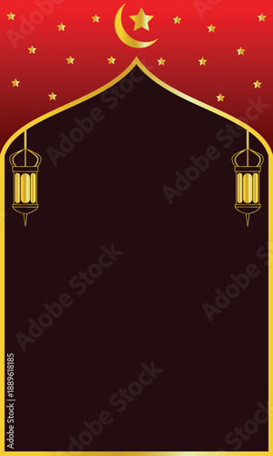 red vertical background with Islamic themed gold ornaments and empty space for text or title