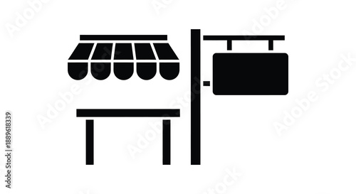 A black silhouette depicts a storefront with an awning sign and table in a simple flat style silhouette high quality professional