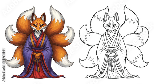 Kitsune Fox Character Design in Female Kimono With Illustration and Coloring Version