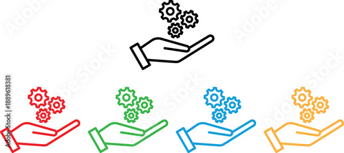 Colorful gears in hand icon set in different colors . Settings in hand icon . Vector illustration