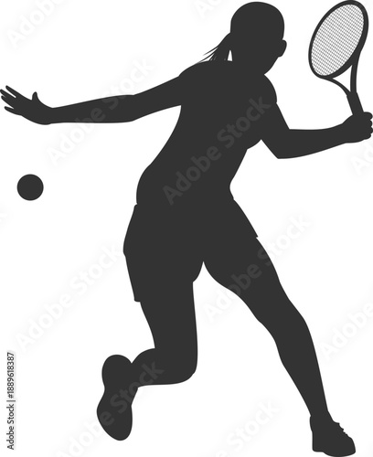 A black vector illustration of a female tennis athlete in action playing a competitive game with a racket and ball, featuring a sharp silhouette of the player for sports art
