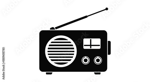 A simple black silhouette of a vintage transistor radio with an extended antenna depicting a classic communication device silhouette high quality