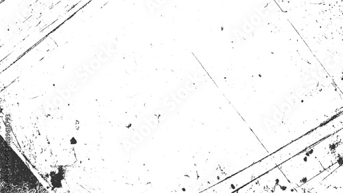 Black speckles and diagonal lines on white textured background abstract