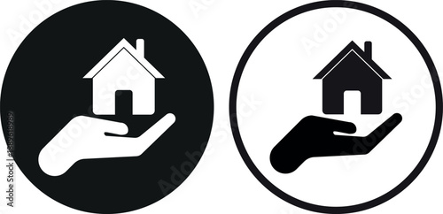 Home on hand icon set in two styles . Home care icon . Home insurance icon . Vector illustration