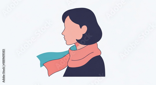 Woman with short dark hair wearing pink scarf and blue shirt on white background