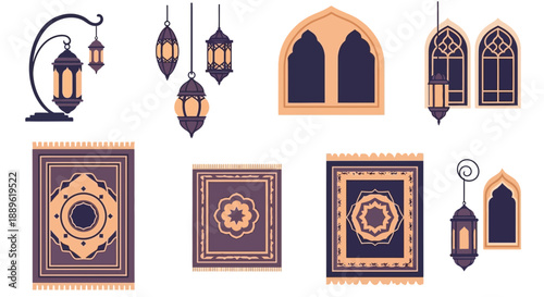 Islamic architectural elements and lanterns displayed in a cultural setting with intricate designs and patterns