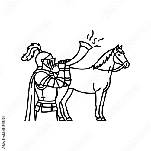Knight in armor blowing horn next to horse line art.