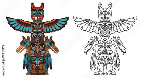 Traditional Native American Totem Pole Color Illustration and Black Line Art Version