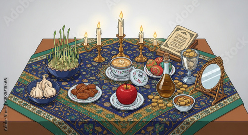 Traditional nowruz table setting with symbolic foods and items on a decorative blue and green patterned cloth