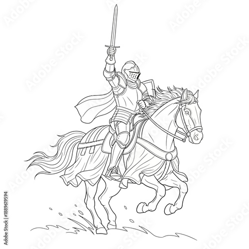 Knight on Horseback Raises Sword in Triumph Depicting Bravery and Valor.