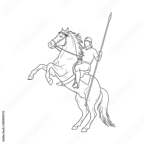 Ancient Warrior Rider on Rearing Horse with Spear.
