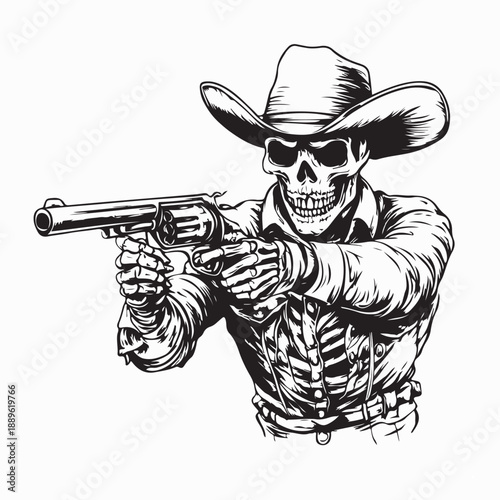 Skeleton Cowboy Holding Shotgun Western Style Image Vector