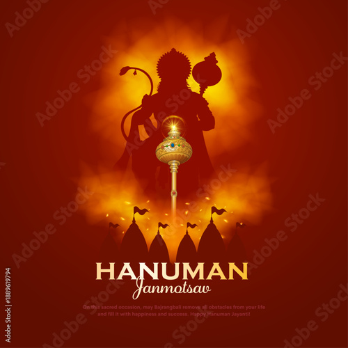 Happy Hanuman Jayanti Janmotsav Greeting Design, Lord Hanuman Silhouette Background. A Hindu festival celebrated of lord hanuman birthday.