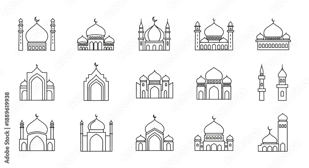 Obraz premium Collection of Mosque Architectural Illustrations Featuring Domes and Minarets
