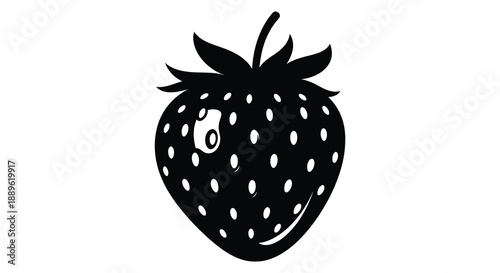 A striking black silhouette of a ripe strawberry with visible seeds and leafy green top showcasing a bold design silhouette