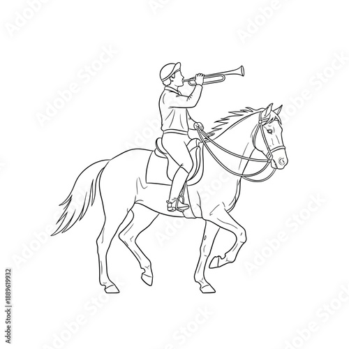 Equestrian Hunter Blowing Horn on Horseback Drawing Black and White.