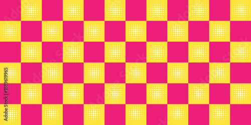 Seamless colorful harlequin diamond pattern in pink, yellow, bold geometric background inspired by circus and retro style.