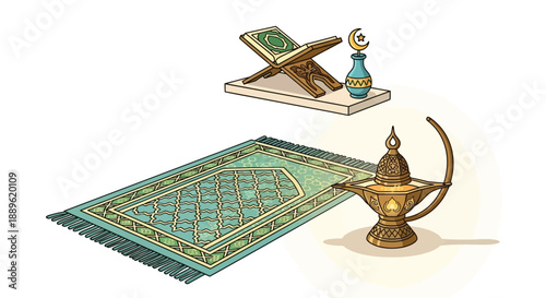 Islamic prayer mat, Quran, and lamp on a serene white surface, viewed from above, showcasing spiritual elements.