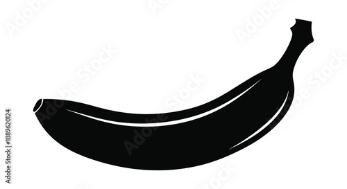 A striking black silhouette depicts a curved banana shape against a plain white background a simple fruit illustration silhouette high quality