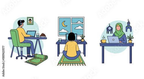 Three individuals working remotely at desks, each with laptops in a serene environment viewed from behind