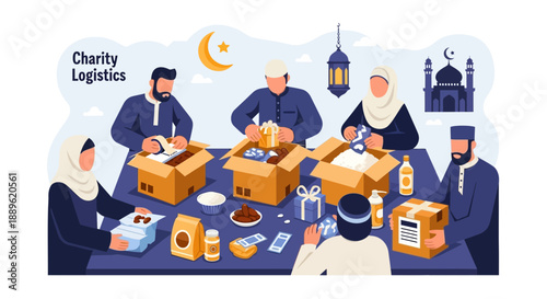 Group of volunteers packing donations at a community center during Ramadan charity event