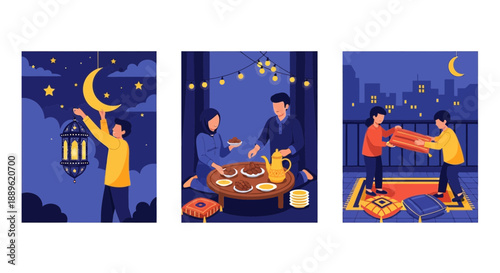 People celebrating a festive night with lanterns and food under the moonlight