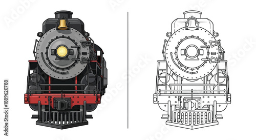 Classic Steam Train Locomotive in Color and Detailed Outline Coloring Page Format