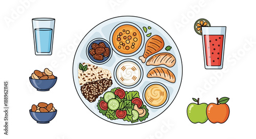 A healthy meal setup with a plate of assorted food, fruits, and drinks on a table, viewed from directly above.