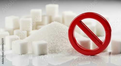Red no entry sign warns against white sugar cubes and granulated sugar