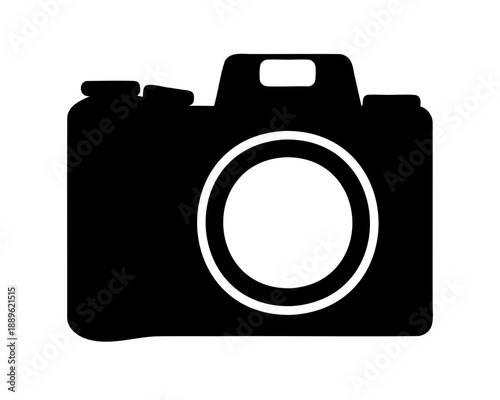 Black and white camera icon with a circular lens design shape