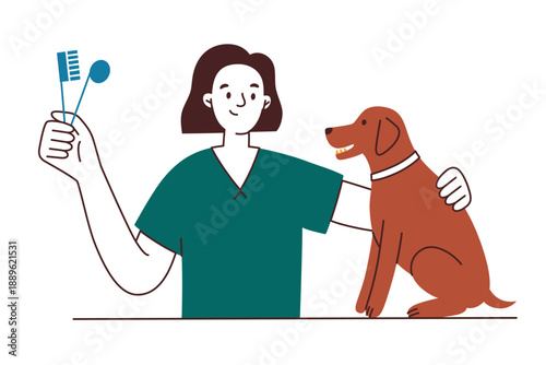 Veterinary dental care scene with woman cleaning dog teeth during animal treatment. Flat cartoon vector illustration for pet health, veterinary clinics, pet services, dentistry and hygiene themes