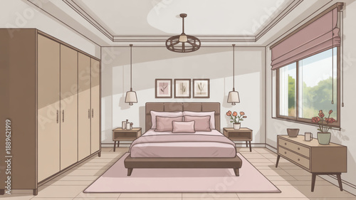 Serene modern bedroom with pink accents and natural light