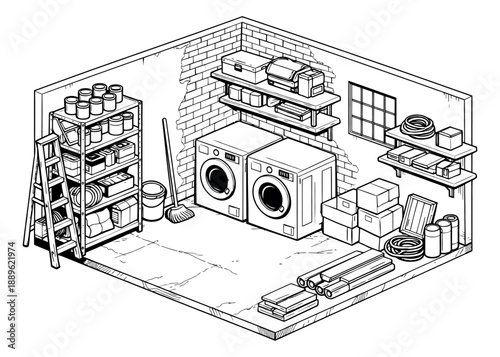 Isometric line art illustration of a basement utility room depicting a washing machine, dryer, and storage items for household chores and organization