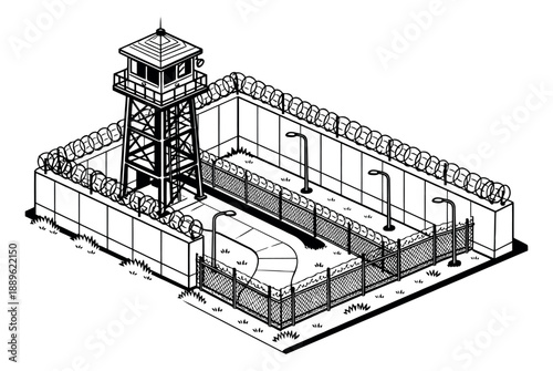 Isometric hand drawn line art illustration of a prison depicting security and confinement for criminal justice concepts