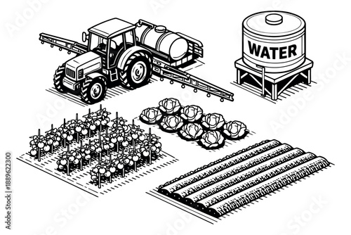 Isometric line art agriculture icon set featuring a tractor, water tank, various crops, and cultivated land for farming and food production